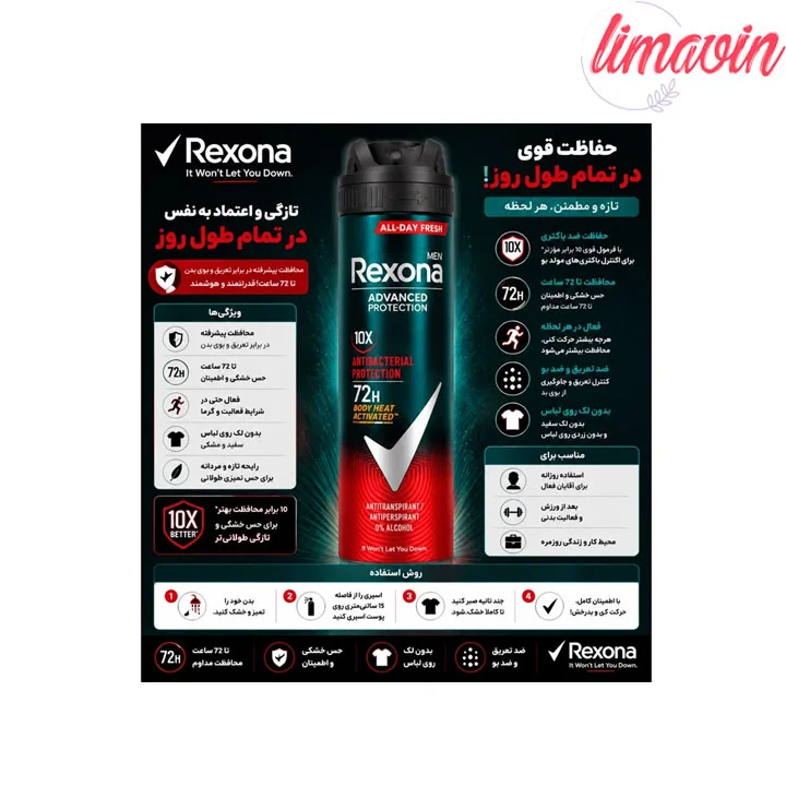 اسپری ضدتعریق مردانه رکسونا مدل Antibacterial 72H حجم 200 میلیلیتر - تصویر 2